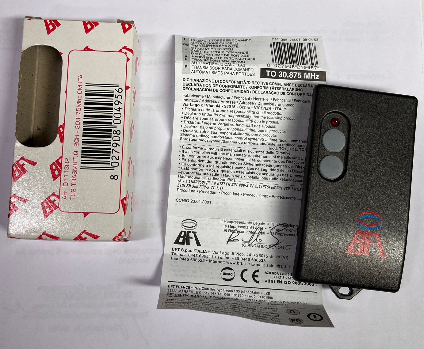 TELECOMANDO BFT TO2, prodotto ORIGINALE 30.875 Mhz TASTO GRIGIO APRICANCELLO RADIOCOMANDO